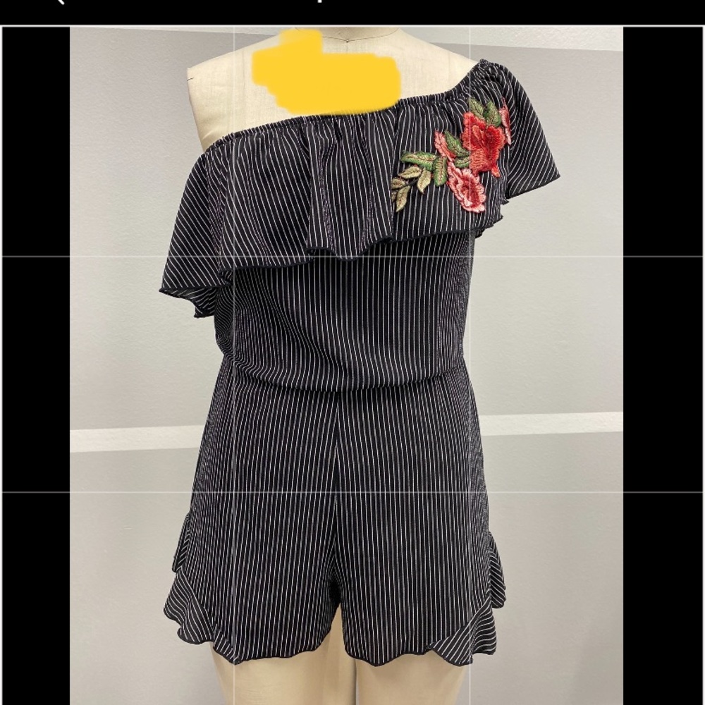 Woven stripe romper - with appliqué floral patch.